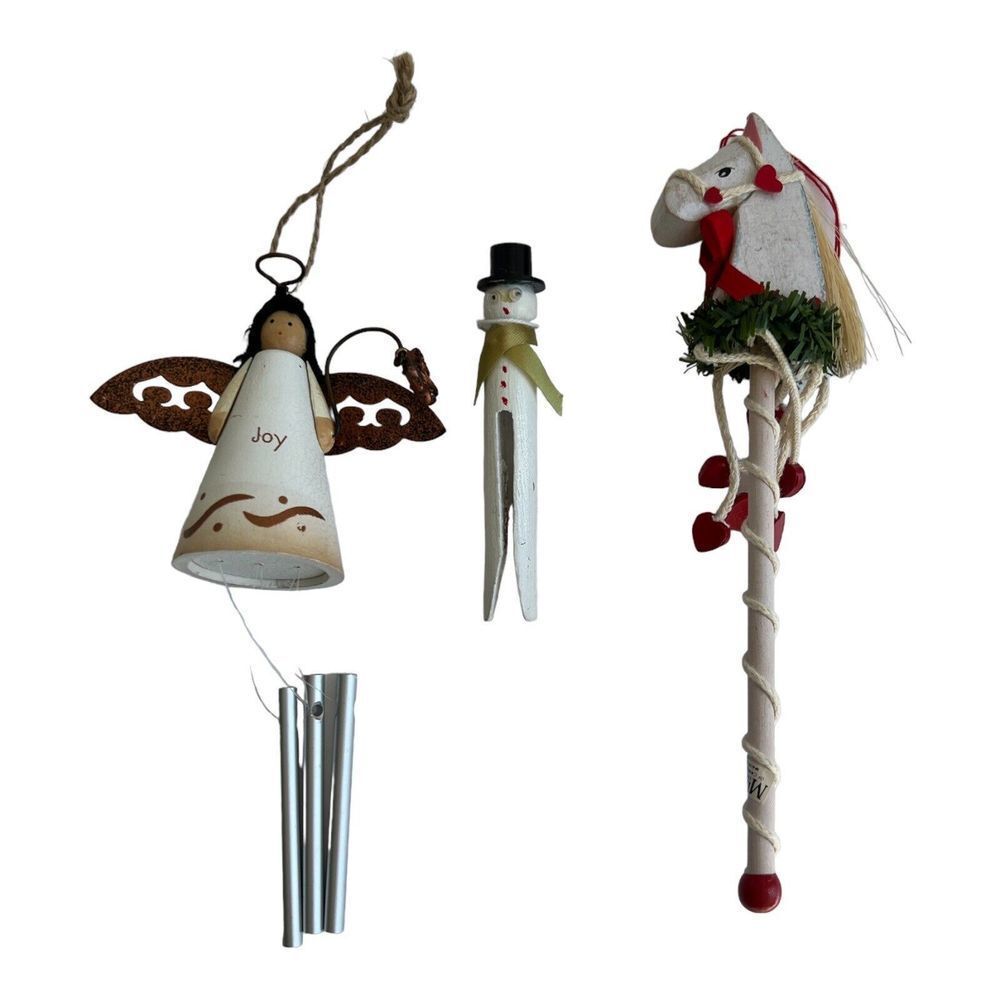 Wooden Holiday Christmas Ornaments Lot of 3 Angel Midwest Horse Snowman
